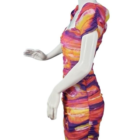 Urban Outfitters UO Tie Dye Rouched Mini Dress Puff Sleeves New Size S - Picture 10 of 15